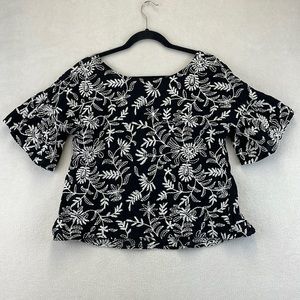 ANTHROPOLOGIE Embroidered Floral Black White Top Cotton Size Small